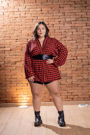 Imagem de Camisa xadrez plus size feminina longa kimono alongado festa junina coleção outono inverno