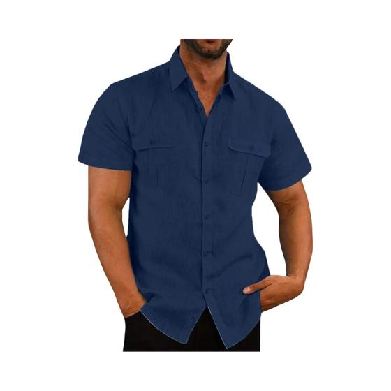 Imagem de Camisas Masculinas Plus Size de Algodão e Linho - Manga Curta, Gola Alta, Casual