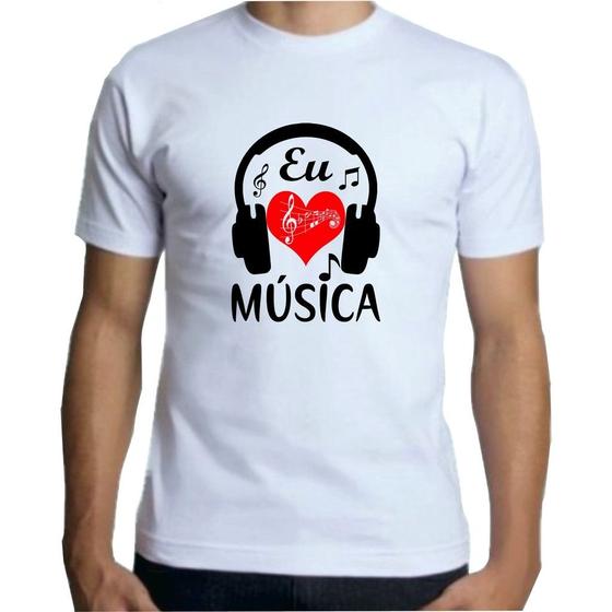 Imagem de Camiseta Adulto Branca Masculina, Eu Amo Música