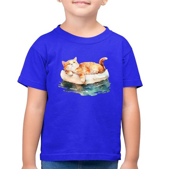 Imagem de Camiseta Algodão Infantil Gatinho Relaxando na Bóia - Foca na Moda