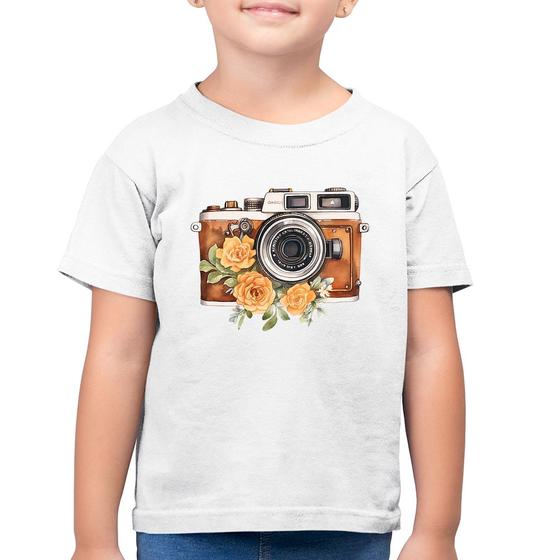 Imagem de Camiseta Algodão Infantil Máquina Fotográfica Vintage e Flores - Foca na Moda