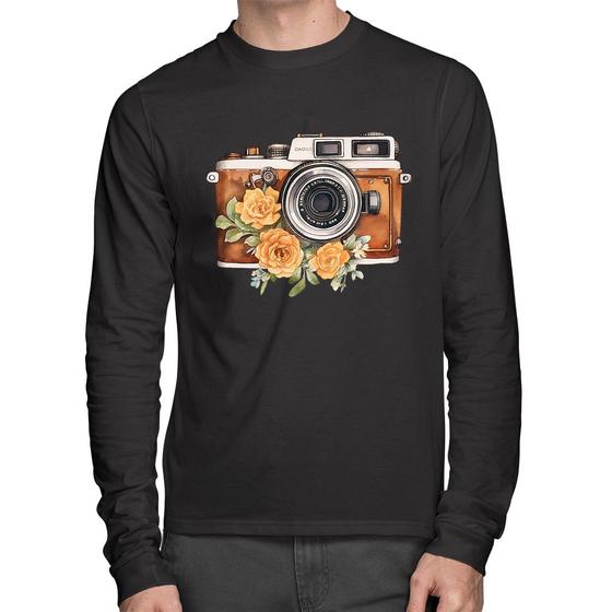 Imagem de Camiseta Algodão Máquina Fotográfica Vintage e Flores Manga Longa - Foca na Moda