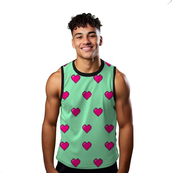 Imagem de Camiseta Algodão Regata Verão Estilo Moda Praia Coração Pixel Rosa 294