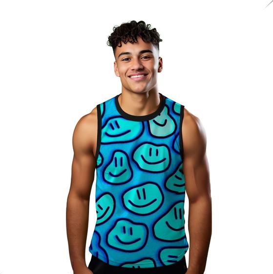 Imagem de Camiseta Algodão Regata Verão Estilo Moda Praia Emojis Happy Azul 357