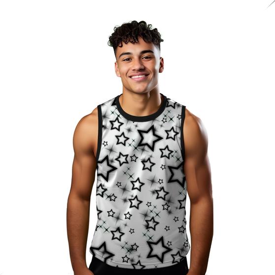 Imagem de Camiseta Algodão Regata Verão Estilo Moda Praia Estrelas Black Brilhoso 728