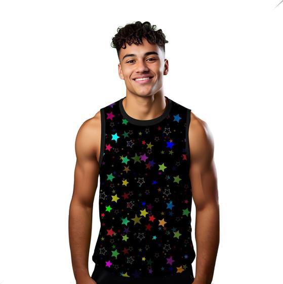 Imagem de Camiseta Algodão Regata Verão Estilo Moda Praia Estrelas Rainbow Brilhante 304