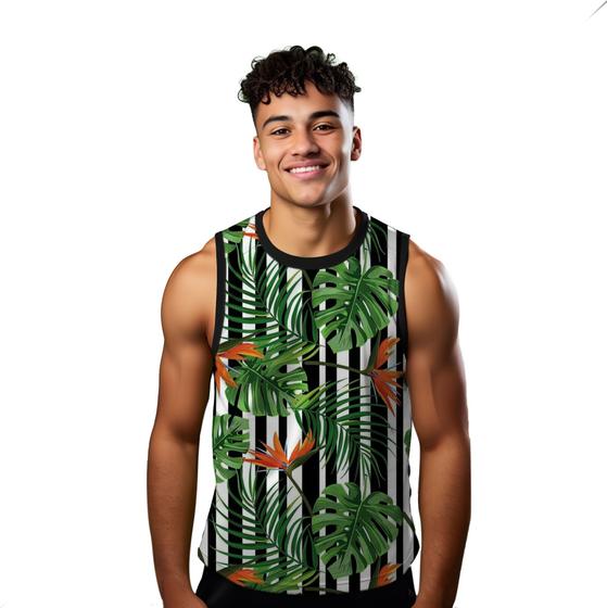 Imagem de Camiseta Algodão Regata Verão Estilo Moda Praia Plantas Listras Preto 640