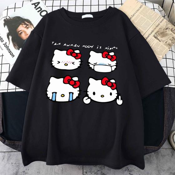 Imagem de Camiseta Anime Hello Kitty The Human Mood Is Mixed Tumblr Unissex Camisa Fofa Gato Desenho Moda Geek