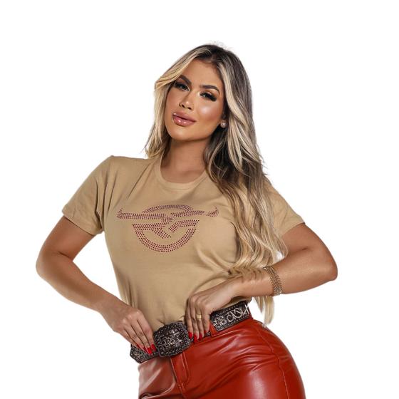 Imagem de Camiseta Baby Look Feminina Manga Curta 100% Algodão Logo Strass e Silk nas Costas - Rodeo Farm