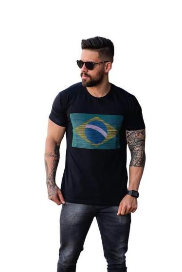 Imagem de Camiseta Básica Masculina Slim Algodão Bandeira Brasil Mapa Nacional Pátria Estampa em Relevo