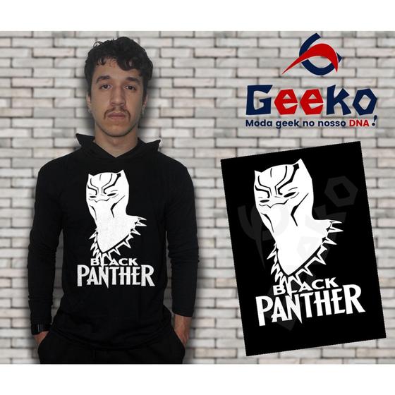 Imagem de Camiseta Black Panther Manga Longa com Capuz Pantera Negra Geeko