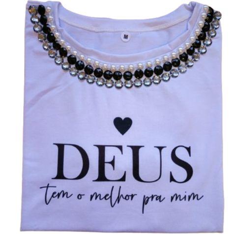 Imagem de Camiseta Blusa Branca Feminina Moda Evangélica Pérolas Tamanho: M