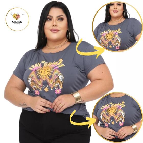 Imagem de Camiseta Blusa Tshirt Feminina Cinza Plus Size Viscolycra GG Veste 48 á 54 Moda Curve