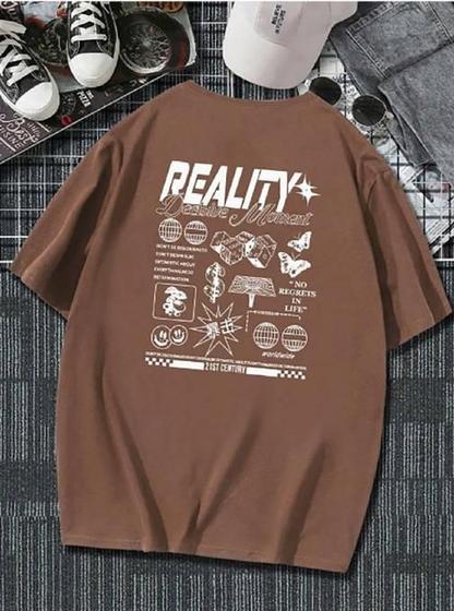 Imagem de Camiseta Branca Masculina Oversize Marrom Frase Desenhos Estampada