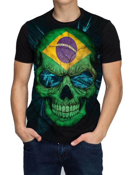 Imagem de Camiseta Camisa Do Brasil Caveira Skull Bandeira Blusa Masculina