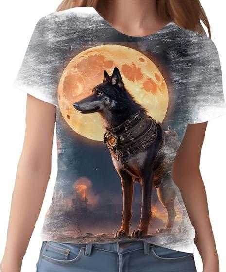 Imagem de Camiseta Camisa Estampada Steampunk Lobo Matilha Lua HD 1