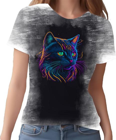 Imagem de Camiseta Camisa Estampada T-shirt Face Gato Neon Felino 1