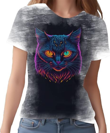 Imagem de Camiseta Camisa Estampada T-shirt Face Gato Neon Felino 2