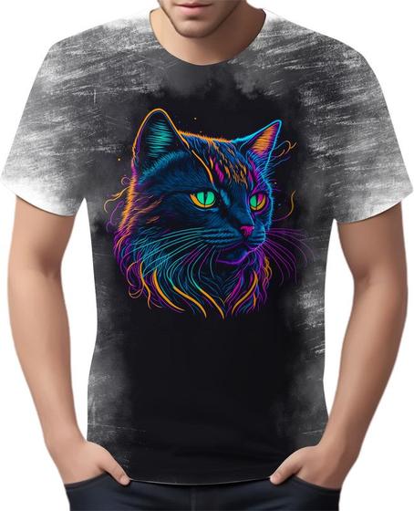 Imagem de Camiseta Camisa Estampada T-shirt Face Gato Neon Felino 4