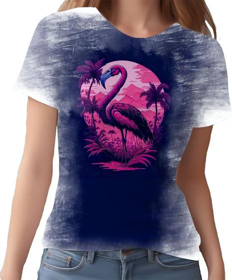 Imagem de Camiseta Camisa Estampada T-shirt Flamingo Ave Cor Rosa 1