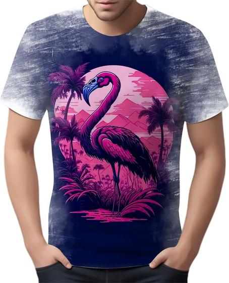 Imagem de Camiseta Camisa Estampada T-shirt Flamingo Ave Cor Rosa 2