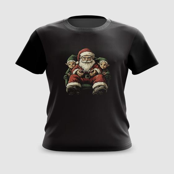 Imagem de Camiseta Camisa Papai Noel Jogando Vídeo-Game com Elfos