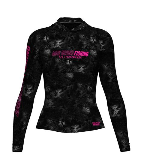 Imagem de Camiseta Capuz Feminina Mar Negro Sublimada Camisa Dry Fit Pesca Peixe Proteção Solar Fator 50+