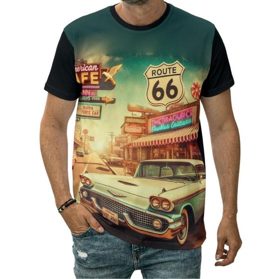 Imagem de Camiseta Carro Antigo Anos 60 Route 66 Rodovia Clássico Café