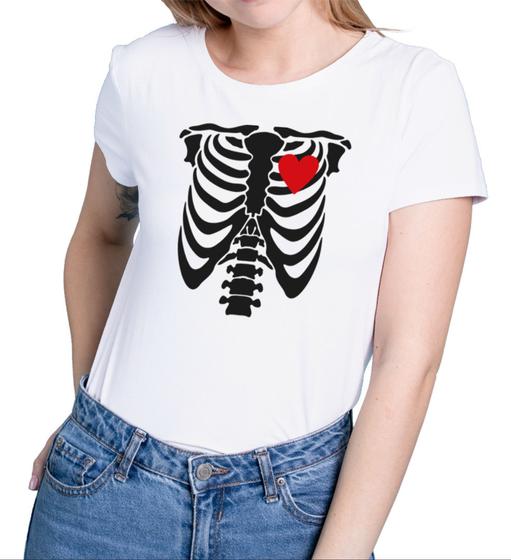 Imagem de Camiseta Caveira Esqueleto Osso Coração Baby Look 100% Algodão