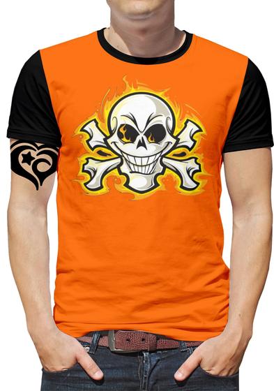 Imagem de Camiseta Caveira PLUS SIZE Rock Moto Masculina Blusa Laranja