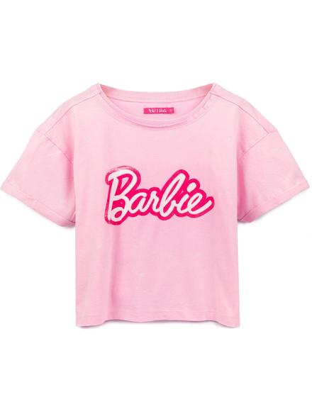 Imagem de Camiseta Cropped Barbie Feminina Rosa - Algodão com Logotipo Retrô