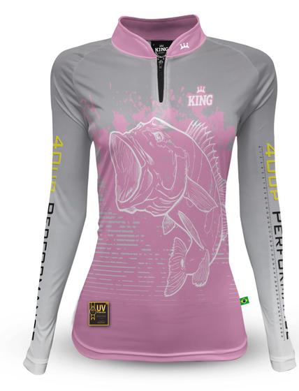 Imagem de Camiseta de Pesca Feminina Tucunare Rosa Manga Longa Novo Modelo King com Proteção Solar UV50+