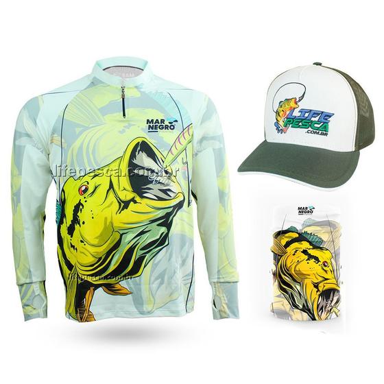 Imagem de Camiseta de Pesca Mar Negro Proteção Solar 50+ UV Tucunaré Amarelo + Boné + Buff