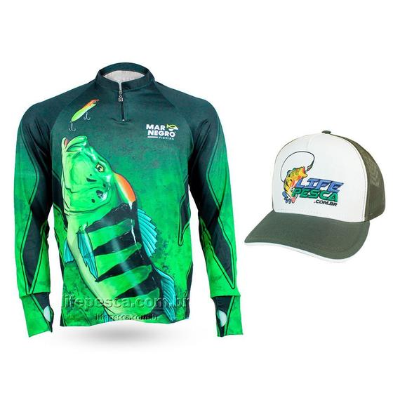 Imagem de Camiseta de Pesca Mar Negro Proteção Solar 50+ UV Tucunaré Azul + Boné Life Pesca Verde