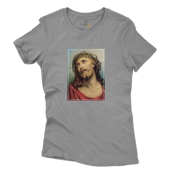 Imagem de Camiseta Estampa Jesus Cristo Coroa de Espinhos Algodao Feminina Religiosa Domingo de Ramos