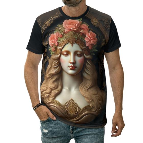 Imagem de Camiseta Estátua Moça Jovem Com Rosas Na Cabeça Flores Arte