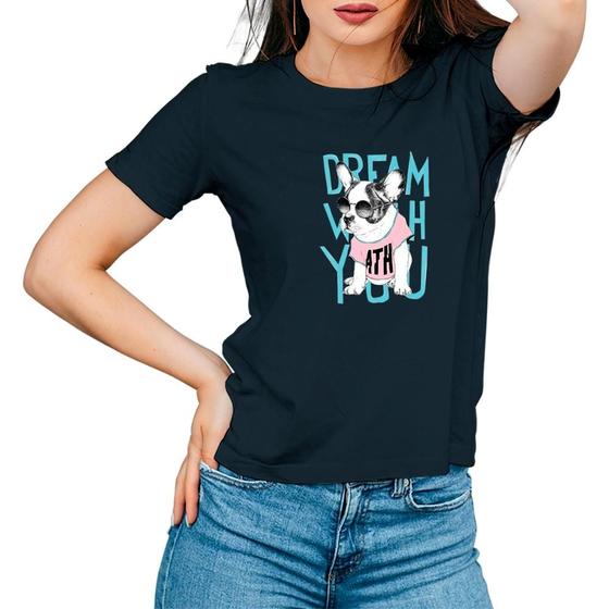 Imagem de Camiseta Feminina Algodão Manga Curta Estampa Bulldog Casual