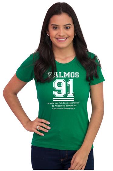 Imagem de Camiseta Feminina Básica Evangélica Algodão Salmos 91