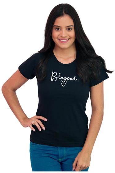 Imagem de Camiseta Feminina Básica Frases Evangélicas Algodão Blessed