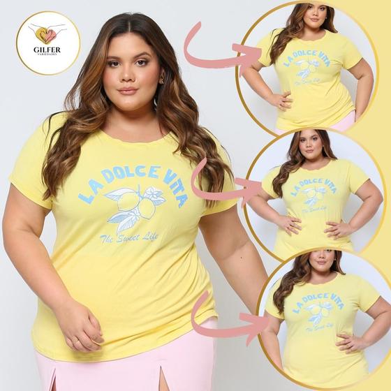 Imagem de Camiseta Feminina Blusa T-shirt Plus Size Cor Amarelo Bebê La Dolce Vita Tamanho GG Moda Curve