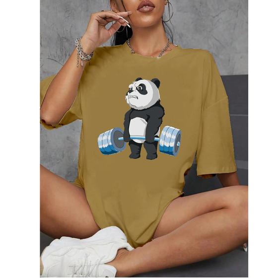 Imagem de Camiseta Feminina Camisetão Casual Algodão Adulto, Infantil e Plus Size Panda Musculação