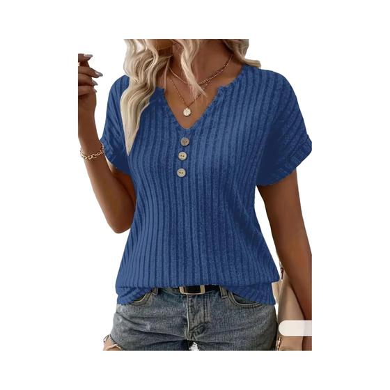 Imagem de Camiseta Feminina com Decote V e Botão Decorativo - Cores Sólidas - Tamanhos S-2XL