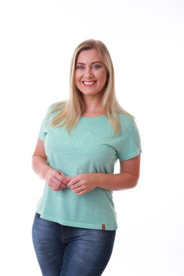 Imagem de Camiseta Feminina Estonada Verde Água Estampa Borboleta Relevo