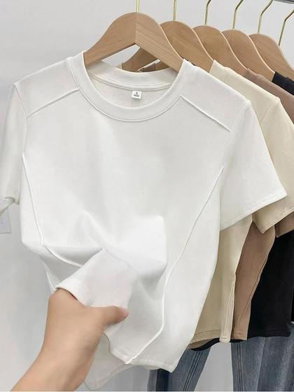 Imagem de Camiseta Feminina Justa de Manga Curta - Gola Redonda, Monocromática, Verão 2024