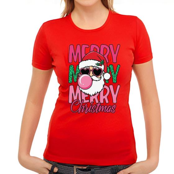 Imagem de Camiseta Feminina Merry Christmas Papai Noel Baby Look T-Shirt De Algodão