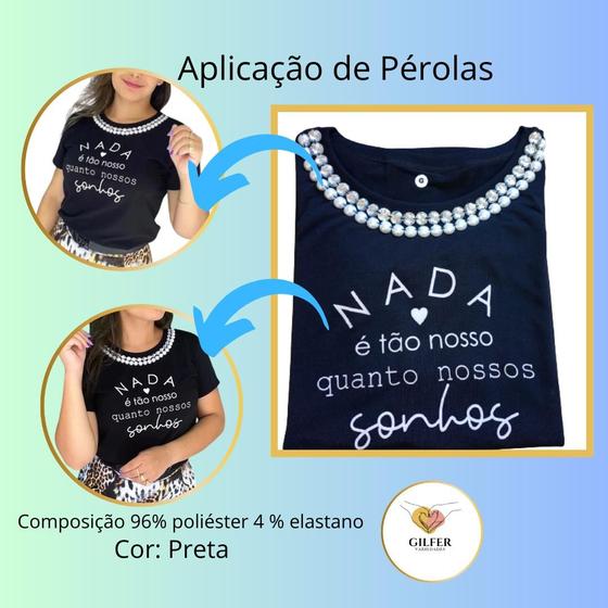 Imagem de Camiseta Feminina Pérolas Motivador Cor Preta  Tamanho G