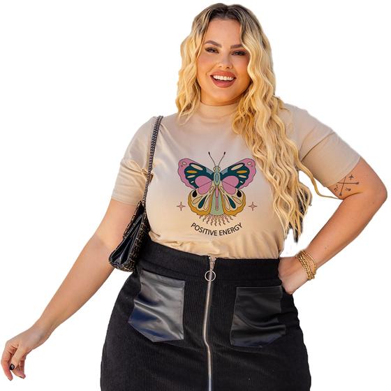 Imagem de Camiseta Feminina Plus Size De Algodão Estampa De Borboleta Confortável Tamanho Grande Gola Alta