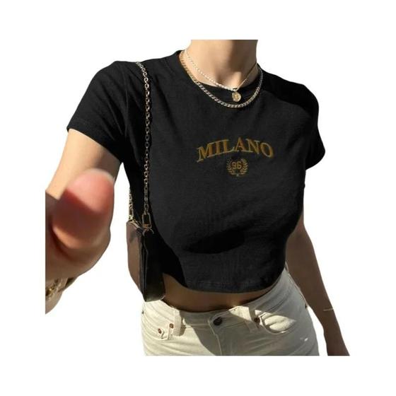 Imagem de Camiseta Feminina Preta de Algodão - Manga Curta, Gola O, Bordado Harajuku - Estilo Sexy