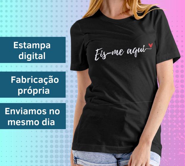 Imagem de Camiseta Feminina Preta Manga Curta Eis-me aqui Moda Evangélica Cristã Gospel