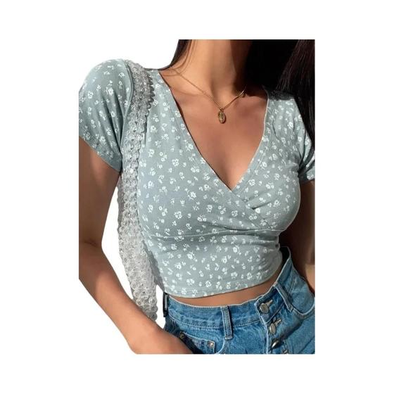 Imagem de Camiseta Feminina Slim Fit Floral - Decote V, Manga Curta e Cintura Alta - Estilo Retrô